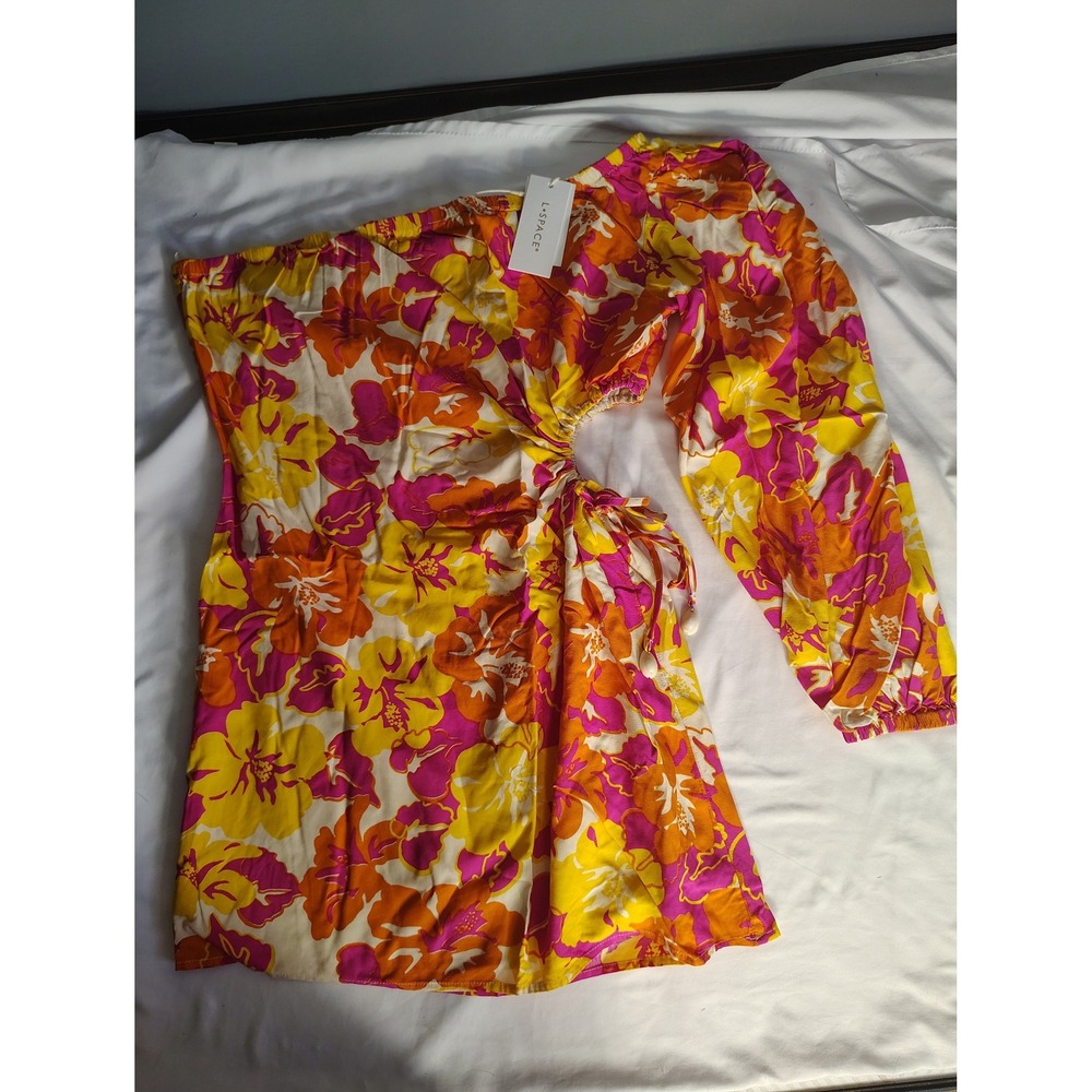 L*Space Kensa Dress One Shoulder Floral Cutout Mini Dress Orange Pink Yellow M